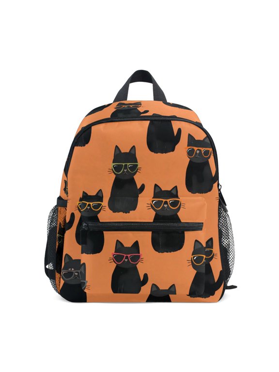 Cool Black Cat Pattern Mini Backpack Cute Small Backpack with Chest Strap and Whistle Ages 3-8