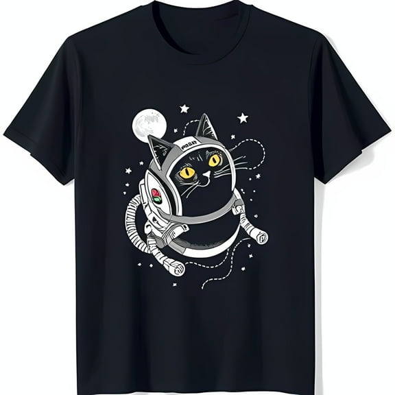 Cool Black Cat T-Shirt in Space with Stars & Moon