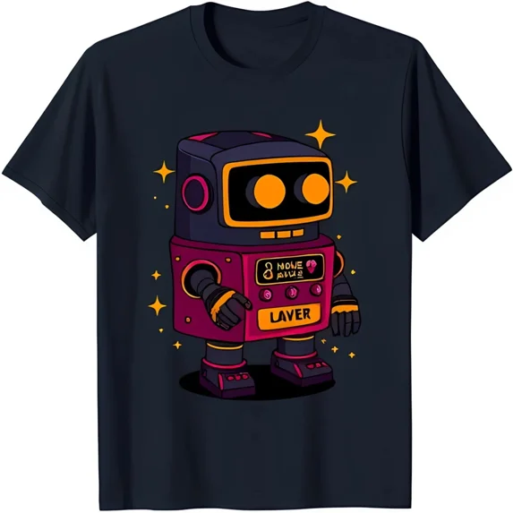 Cool Black Robot T-Shirt – Cute Cartoon Robot with Heart Graphic Tee
