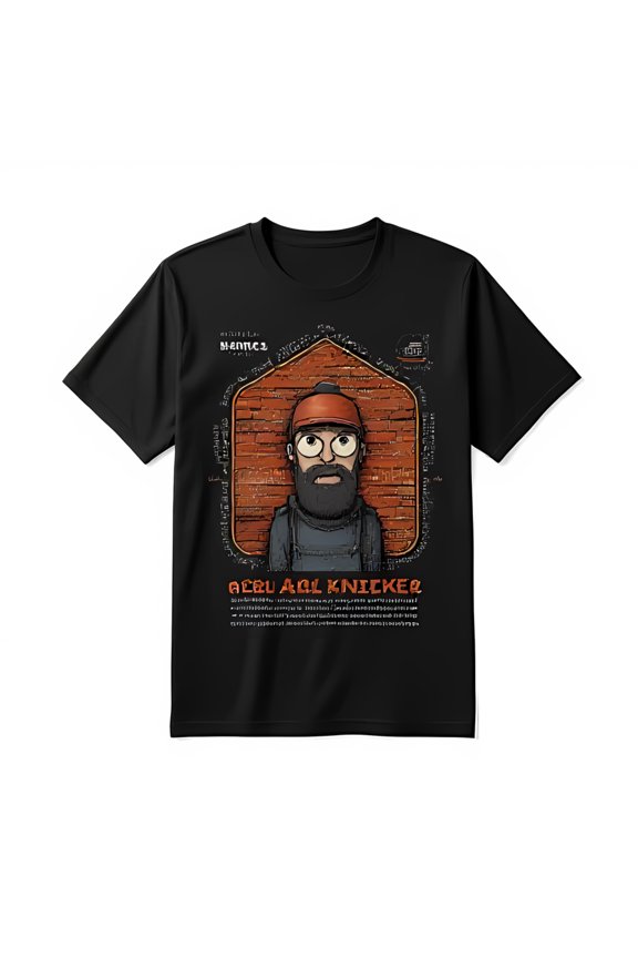 Cool Black T-Shirt with Cartoon Bearded Man in Red & Retro Design