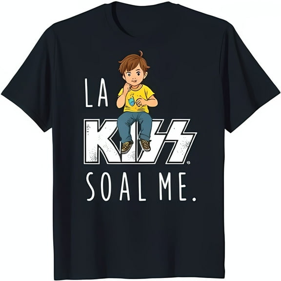 Cool Black T-Shirt with Cartoon Boy Graphic: 'KISS SOAL ME' Design