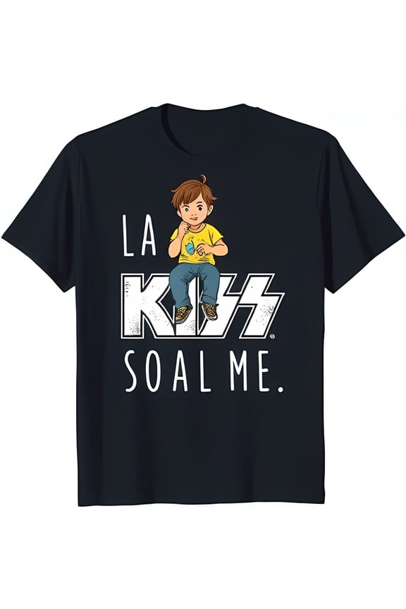 Cool Black T-Shirt with Cartoon Boy Graphic: 'KISS SOAL ME' Design