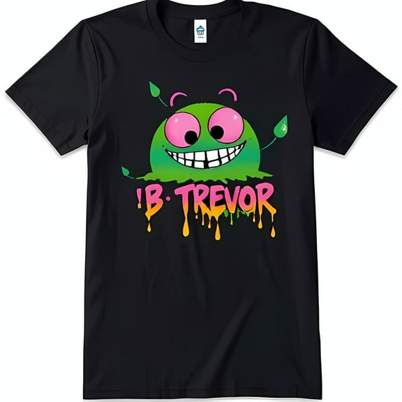 Cool Black T-Shirt with Cartoon Character Big Pink Eyes & Dripping 'I B TREVOR' Text