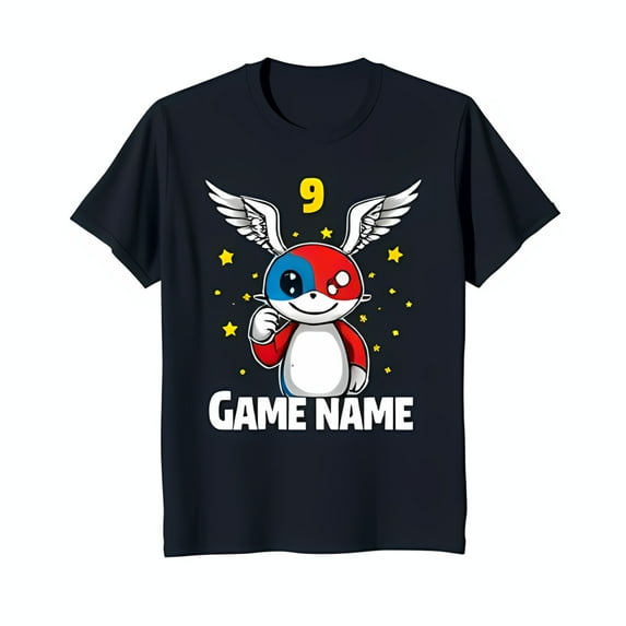 Cool Black T-Shirt with Cartoon Character Graphic Number 9 & Stars Design