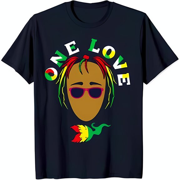 Cool Black T-Shirt with Cartoon Dreadlocks Graphic & ONE LOVE Design