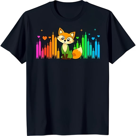 Cool Black T-Shirt with Cartoon Fox Rainbow Equalizer & Stars Graphic