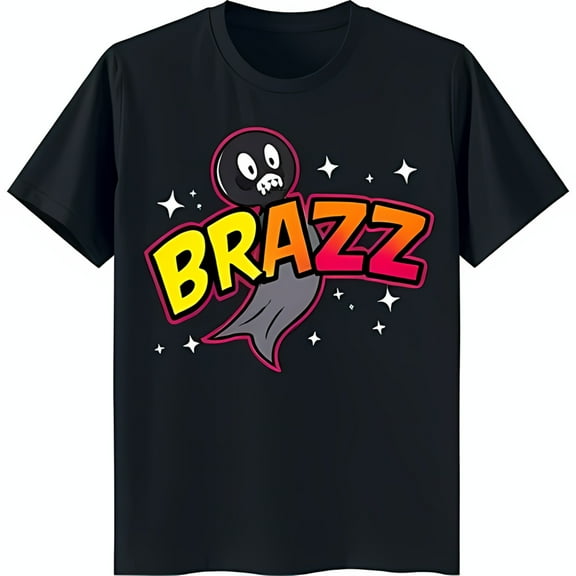 Cool Black T-Shirt with Cartoon Ghost Blue Bandana & 'BRAZZ' Text Fun Graphic Tee