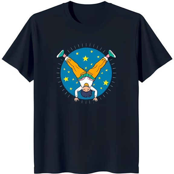 Cool Black T-Shirt with Cartoon Handstand Graphic Yellow Stars & Blue Background