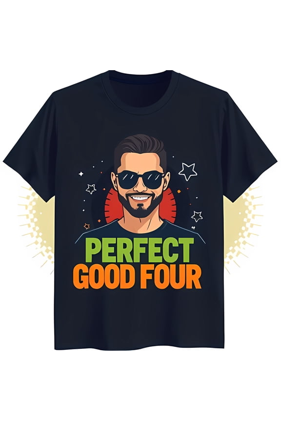 Cool Black T-Shirt with Cartoon Man in Sunglasses & Fun ' Good Four' Graphic