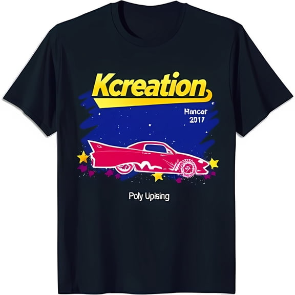 Cool Black T-Shirt with Colorful Cartoon Car Graphic & Bold Text Design
