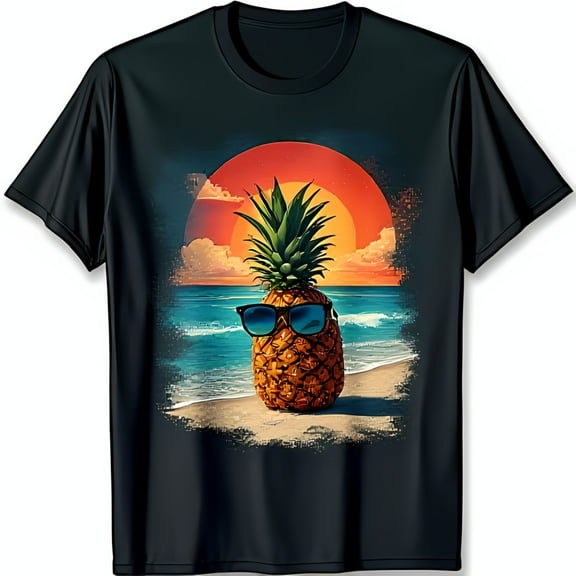 Cool Black T-Shirt with Colorful Pineapple Graphic & Sunset Design