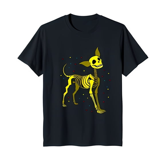 Cool Black T-Shirt with Gold Outline Chihuahua Skeleton Graphic & Colorful