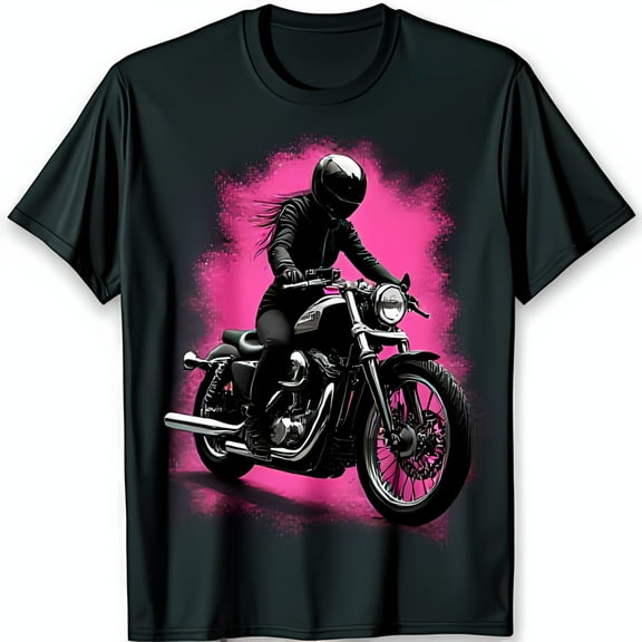 Cool Black T-Shirt with Grunge Woman on Motorcycle Design Bold Fashion Statement
