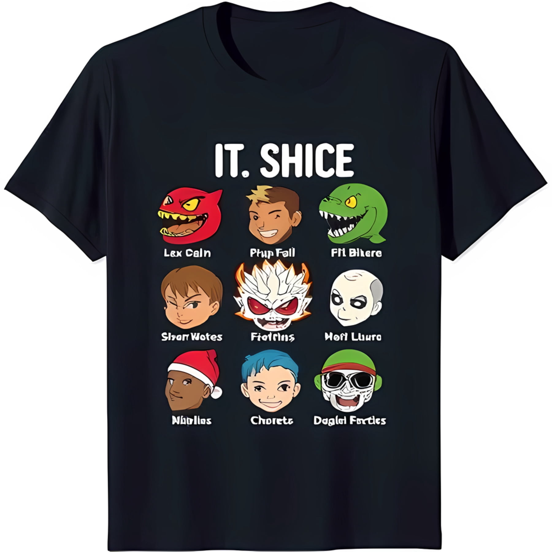Cool Black T-Shirt with 'IT SHICE' Graphic & Cartoon Avatars for Gamers ...