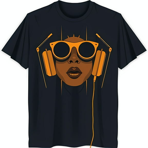 Cool Black T-Shirt with Person in Headphones & Sunglasses Casual Tee