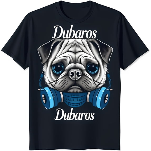 Cool Black T-Shirt with Pug in Headphones & 'Dubaros' Graphic