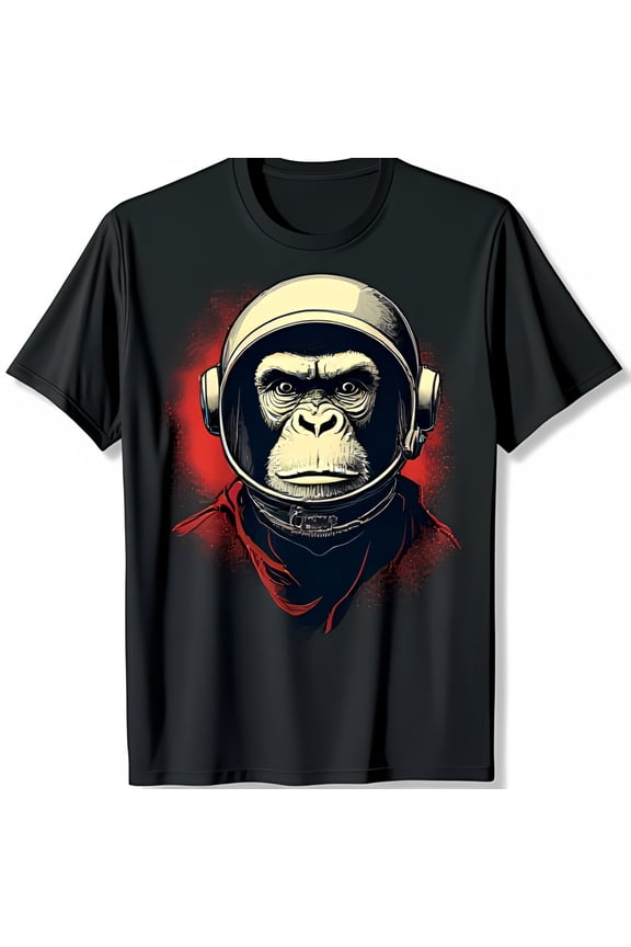Cool Black T-Shirt with Serious Monkey in Space Graphic Unique Design
