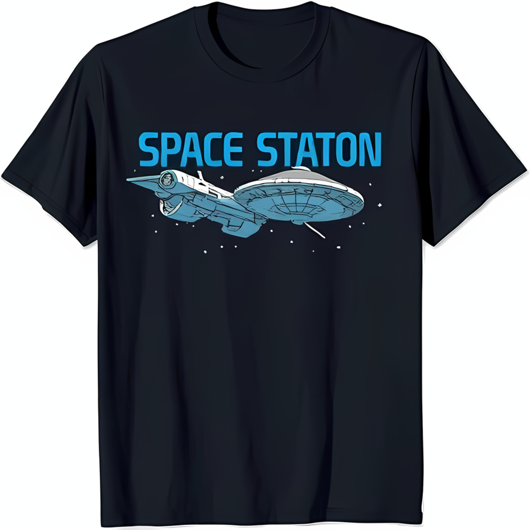 Cool Black TShirt with 'Space Station' Graphic Spaceship & Flying