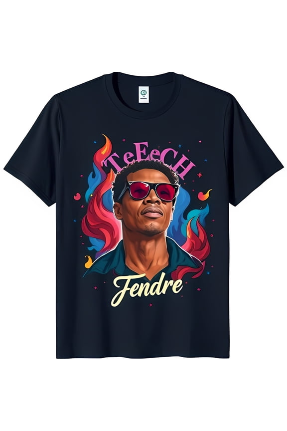 Cool Black T-Shirt with Sunglasses Man and Flame Background 'TeEch Fendre' Graphic Tee