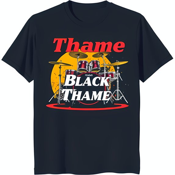 Cool Black T-Shirt with 'Thame Black Thame' Graphic Red Drum Set & Sun Design