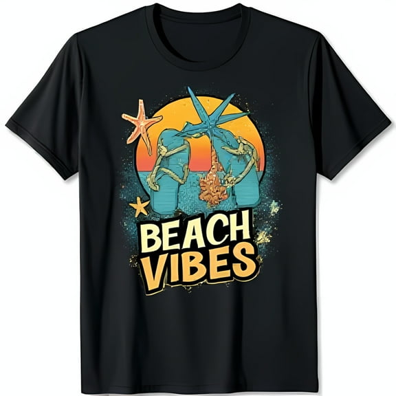 Cool Black T-Shirt with Vibrant Beach Vibes Graphic: Flip Flops Starfish & Sunset Design