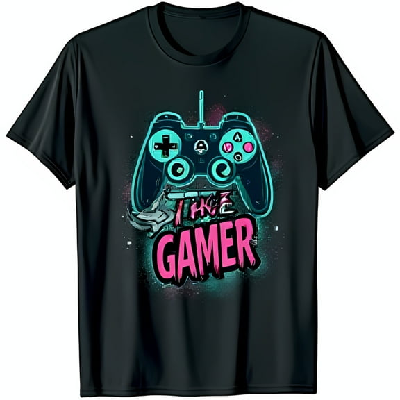 Cool Black T-Shirt with Vibrant Controller Graphic I THE GAMER