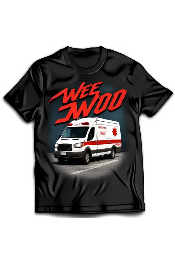 Cool Black T-Shirt with White Ambulance Graphic & Red WEE WOO Design