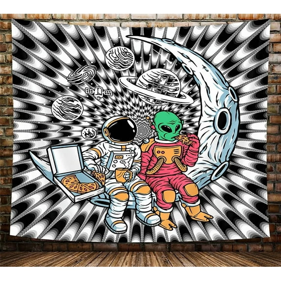 Cool Black and White Astronaut Trippy Tapestry, Psychedelic Funny Alien on Moon Tapestry Wall Hanging, Universe Galaxy Poster Hippie Tapestry for Bedroom Aesthetic for Men Livingroom Dorm, 40X30in