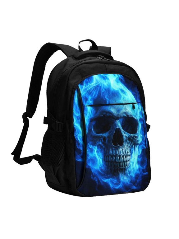 Cool Blue Inferno Skull Ghost Fire Laptop Backpack with USB Charging Headphone Port Casual Daypack Bag College Business Travel