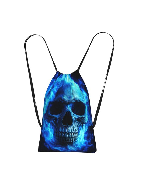 Cool Blue Inferno Skull Ghost Fire Packable Drawstring Backpack, Lightweight Foldable Cinch Storage Bag for Gym Travel Shopping