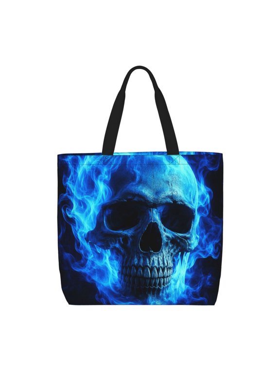 Cool Blue Inferno Skull Ghost Fire Zippered Tote Bag Large Capacity Shoulder Handbag for Shopping, Work, Travel