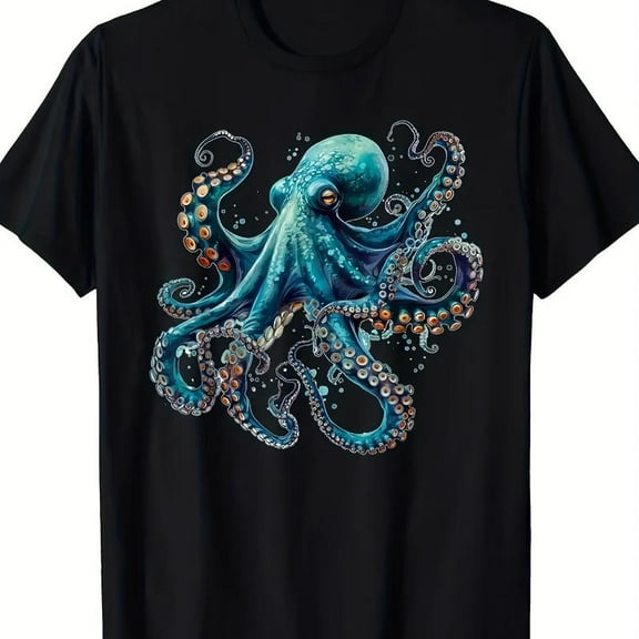 Cool Blue Octopus Mens Graphic Tee Shirt Short Sleeve Fun Streetwear Tops Short Sleeve Crew Neck Black S-5XL