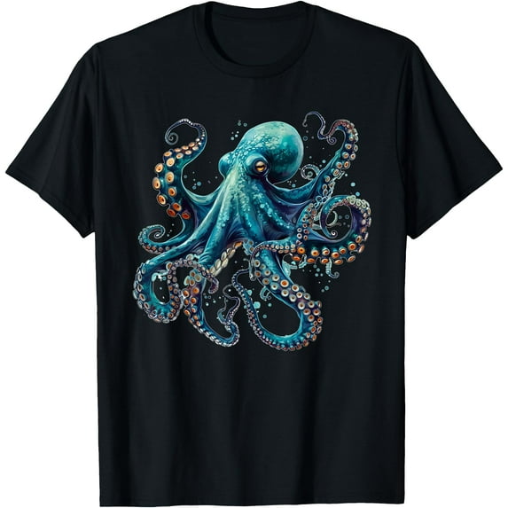 Cool Blue Octopus Sea Creature Softstyle Unisex T-Shirt,Black Color,Size XL