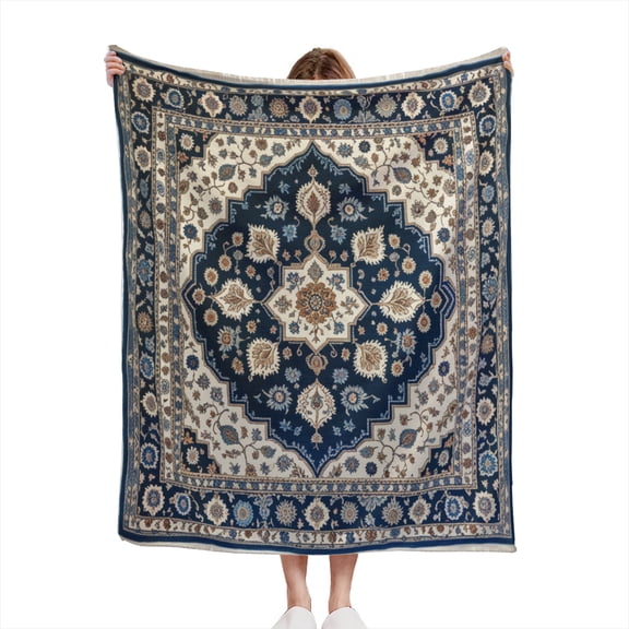 Cool Boho Rug Navy Beige Antique Style Oriental Rugs Vintage Design Lightweight 50x60 Throw Blanket for Sofas, Home Decor, Travel, Lounging