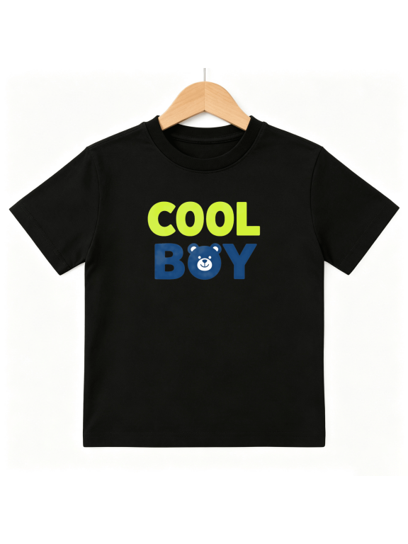 Cool Boy Cute Bear Face Lettering Boys Graphic Tee, Minimalist 100% Cotton Kids Short Sleeve T-Shirt 4-13Y