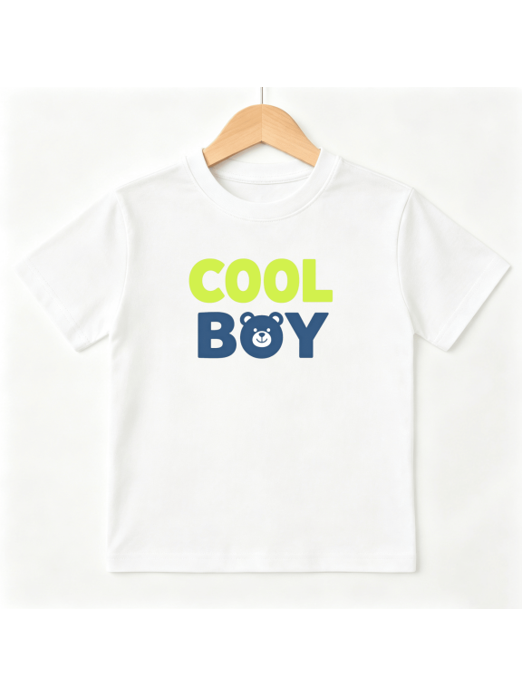 Cool Boy Cute Bear Face Lettering Boys Graphic Tee, Minimalist 100% Cotton Kids Short Sleeve T-Shirt 4-13Y