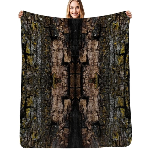 Cool Brown wood bark with yellow lichen camo texture pattern Flannel Blanket Warm Soft Bedding Throws Winter Camping Chair Sofa Bed