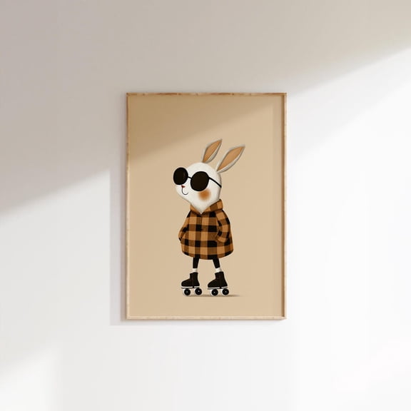 Cool Bunny Wall Art, Woodland Roller Skate Print, Unframed Paper Poster 24x36in