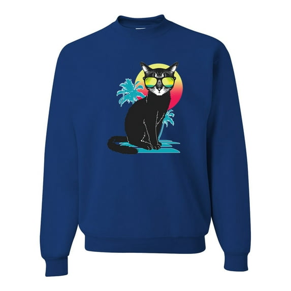 Cool California Beach Kitten Silhouette Sun Cat | Mens Cat Lover Crewneck Graphic Sweatshirt, Royal, Small