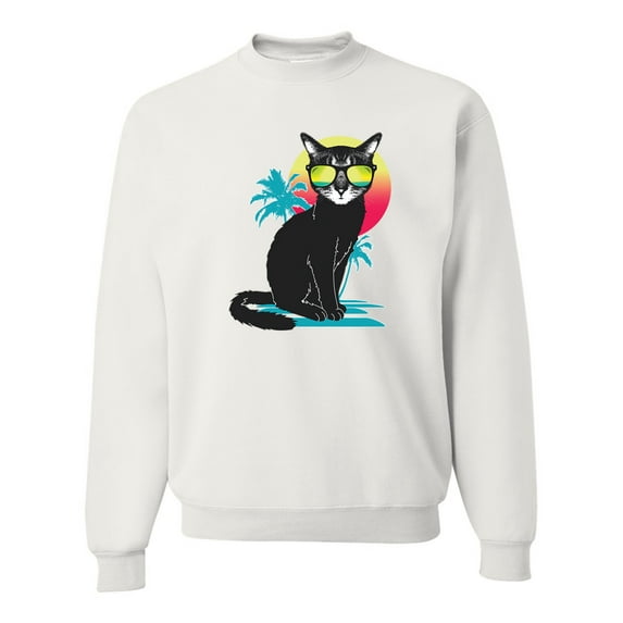 Cool California Beach Kitten Silhouette Sun Cat | Mens Cat Lover Crewneck Graphic Sweatshirt, White, 2XL