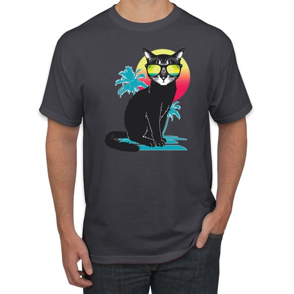 Cool California Beach Kitten Silhouette Sun Cat | Mens Cat Lover Graphic T-Shirt, Charcoal, Small