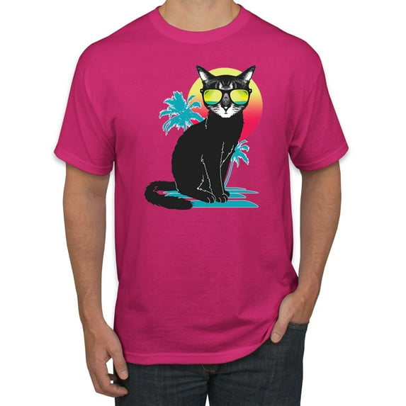 Cool California Beach Kitten Silhouette Sun Cat | Mens Cat Lover Graphic T-Shirt, Fuschia, X-Large