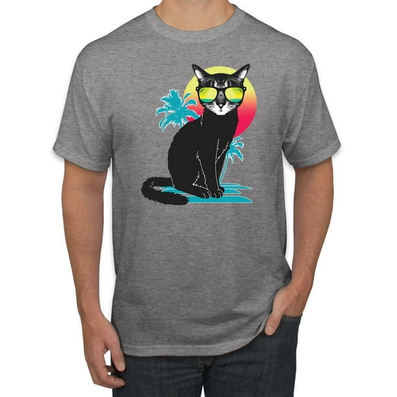 Cool California Beach Kitten Silhouette Sun Cat | Mens Cat Lover Graphic T-Shirt, Heather Grey, Small