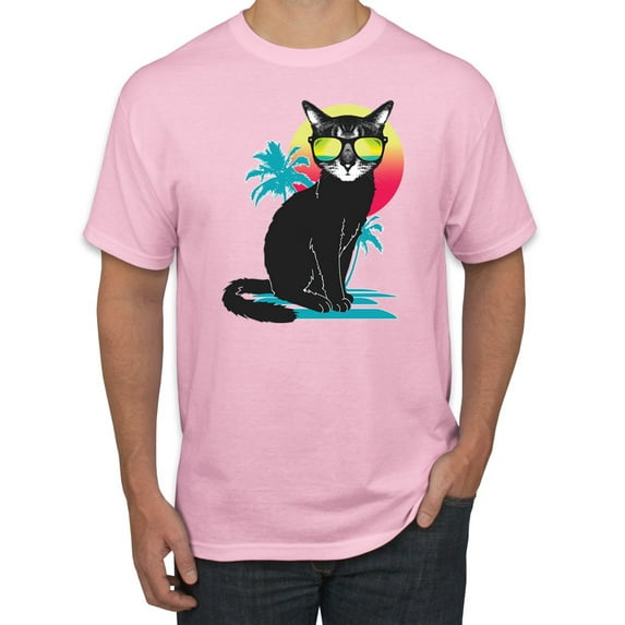 Cool California Beach Kitten Silhouette Sun Cat | Mens Cat Lover Graphic T-Shirt, Light Pink, 2XL