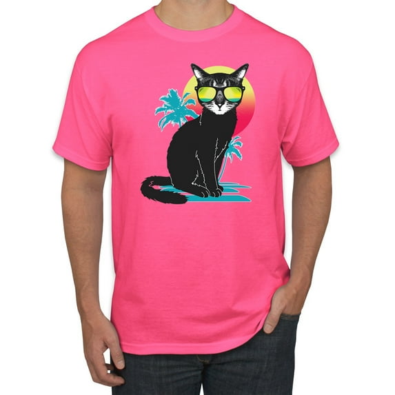 Cool California Beach Kitten Silhouette Sun Cat | Mens Cat Lover Graphic T-Shirt, Neon Pink, X-Large