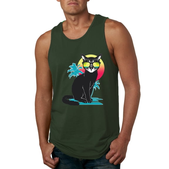 Cool California Beach Kitten Silhouette Sun Cat | Mens Cat Lover Graphic Tank Top, Forest Green, Medium