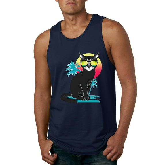 Cool California Beach Kitten Silhouette Sun Cat | Mens Cat Lover Graphic Tank Top, Navy, X-Large