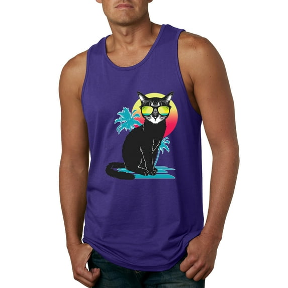 Cool California Beach Kitten Silhouette Sun Cat | Mens Cat Lover Graphic Tank Top, Purple, Medium