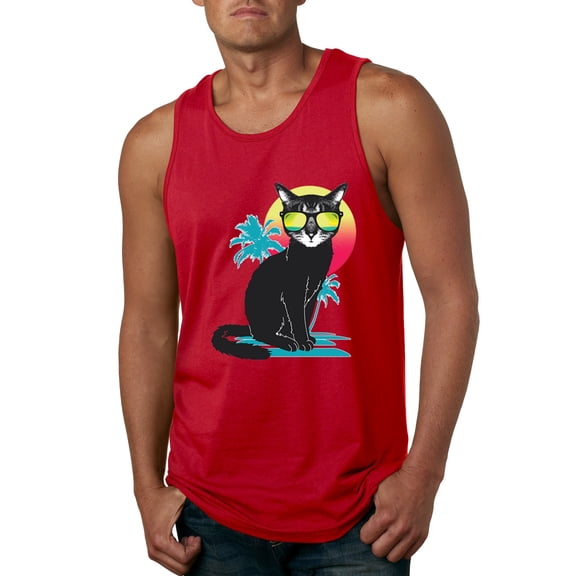Cool California Beach Kitten Silhouette Sun Cat | Mens Cat Lover Graphic Tank Top, Red, Medium