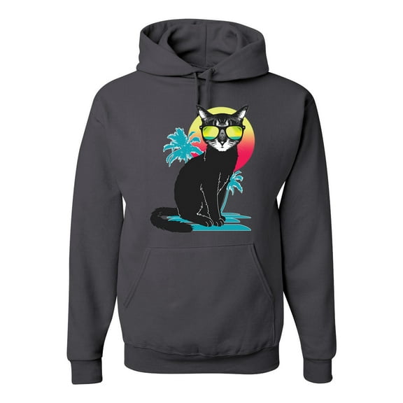 Cool California Beach Kitten Silhouette Sun Cat | Mens Cat Lover Hooded Sweatshirt Graphic Hoodie, Charcoal, 3XL